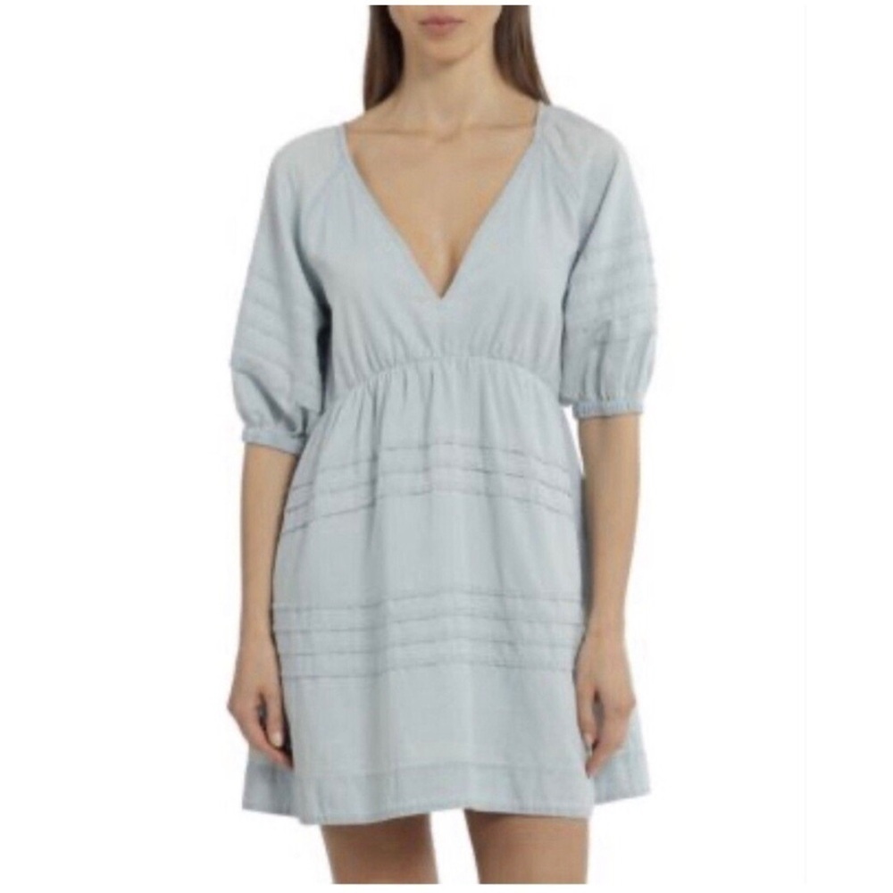 7 FOR ALL MANKIND Cottagecore Light Wash Chambray Open Back Mini Dress Size M